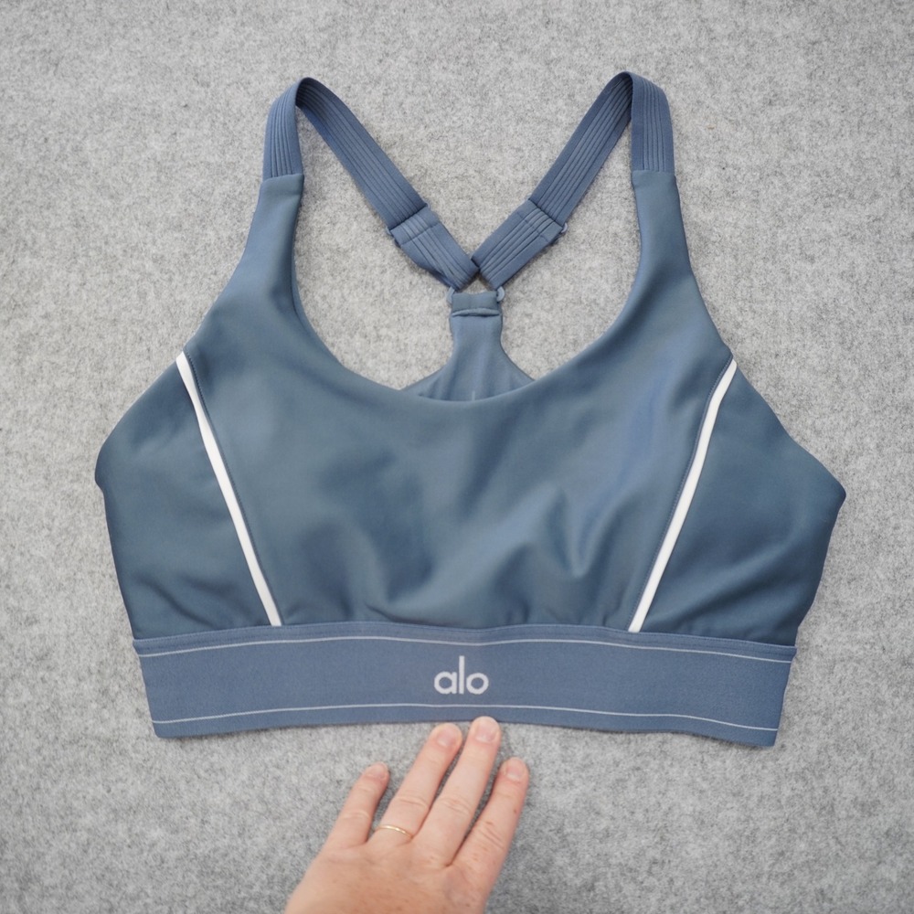 Alo Yoga Large Blue Sports Bra Racerback Contrast Piping Workout Gym Athletic